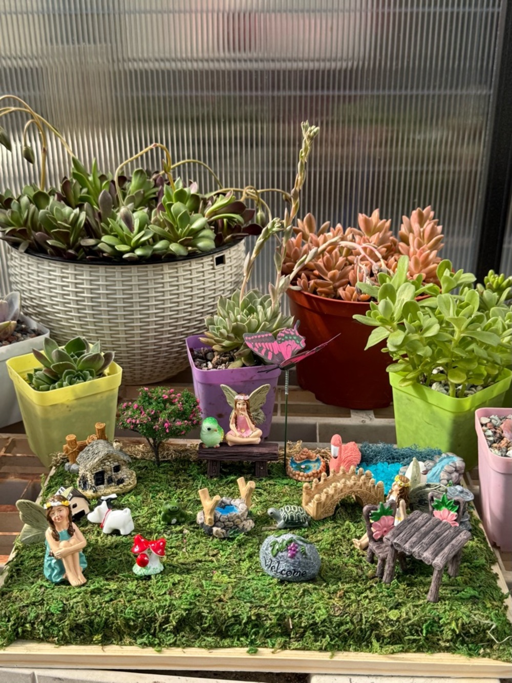 Custom made complete Fairy Garden kit w/base,fairies & 2 scenes.